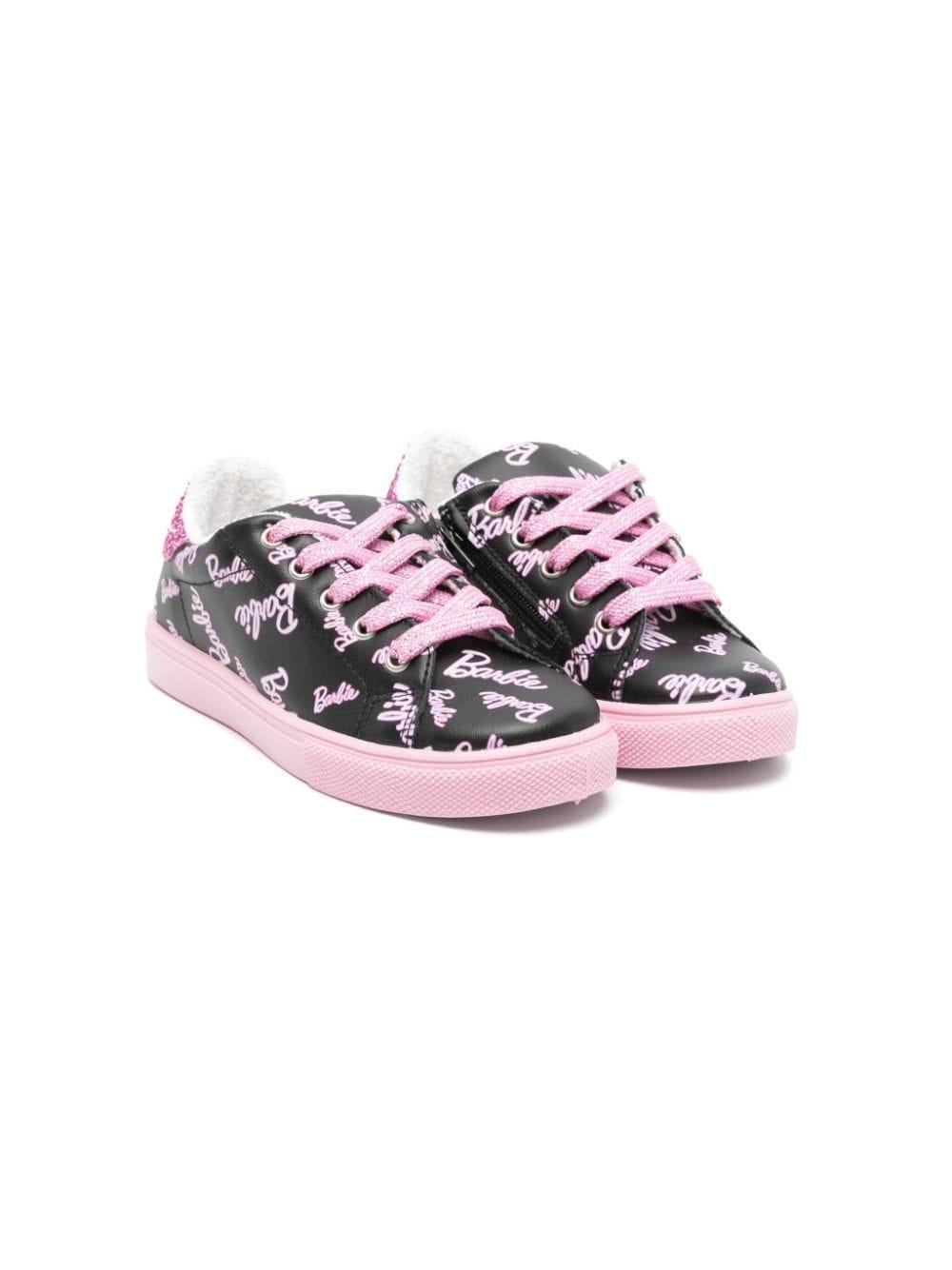 Sneakers per bambina Monnalisa x Barbie nero con stampa logo rosa e dettagli glitter - Rubino Kids