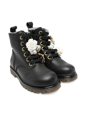 Monnalisa Black Amphibian Boots for Girls with Floral Decoration