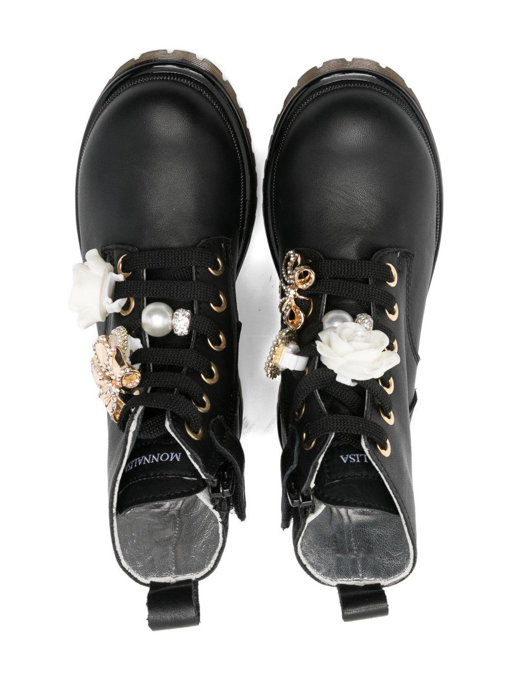 Stivali Amphibian per bambina Monnalisa neri con decorazione floreale - Rubino Kids