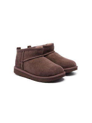 UGG Kids Classic Ultra Mini Burnet Cedar Boots for Girls in Brown with Heel Logo