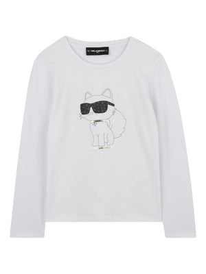 T-shirt a maniche lunghe per bambina Karl Lagerfeld Kids bianca con stampa Choupette