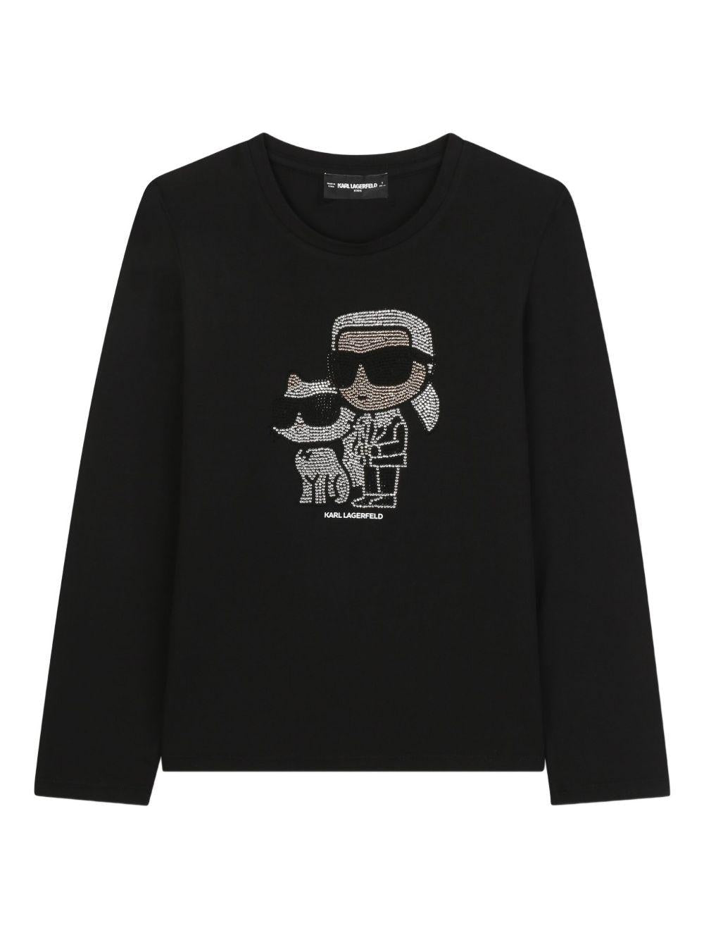 T-shirt a maniche lunghe per bambina Karl Lagerfeld Kids nera con motivo Ikon Karl & Choupette - Rubino Kids
