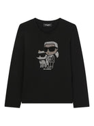 T-shirt a maniche lunghe per bambina Karl Lagerfeld Kids nera con motivo Ikon Karl & Choupette - Rubino Kids
