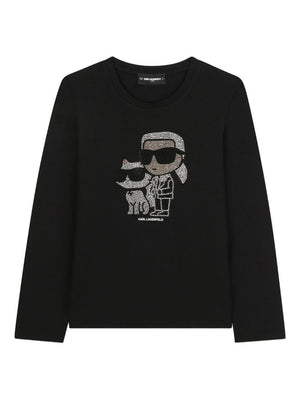 T-shirt a maniche lunghe per bambina Karl Lagerfeld Kids nera con motivo Ikon Karl & Choupette