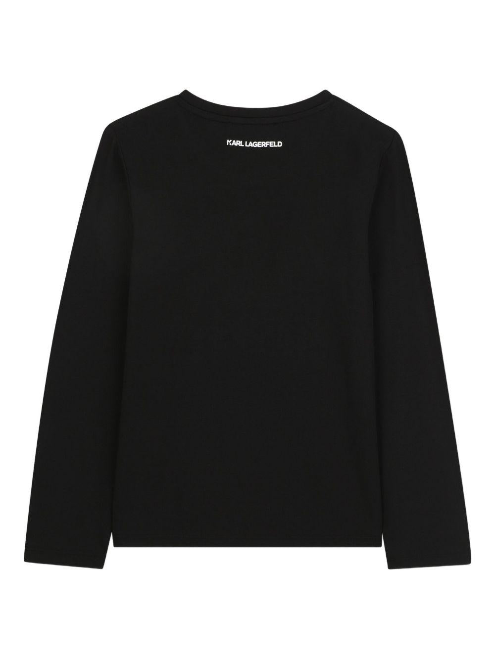 T-shirt a maniche lunghe per bambina Karl Lagerfeld Kids nera con motivo Ikon Karl & Choupette - Rubino Kids