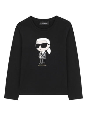 T-shirt a maniche lunghe per bambina Karl Lagerfeld Kids nera con motivo Ikon Karl