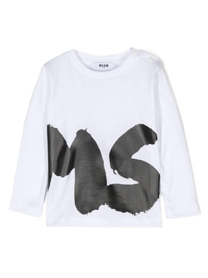 T-shirt bianca per bambina a maniche lunghe con stampa nera MSGM maxi