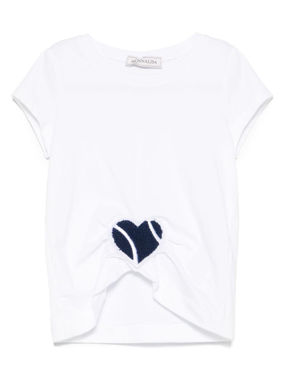 T-shirt con applicazione a cuore per bambina Monnalisa bianco con orlo asimettrico - Rubino Kids