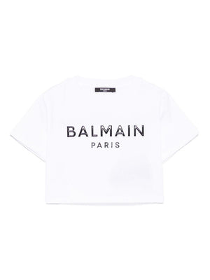 T-shirt con applicazione per bambina Balmain Kids bianco con orlo dritto