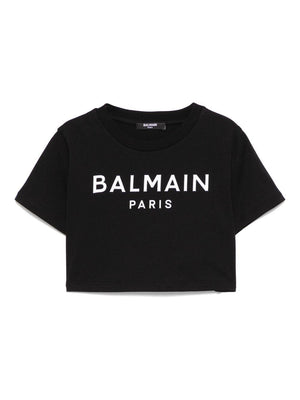 T-shirt con applicazione per bambina Balmain Kids nero con orlo dritto