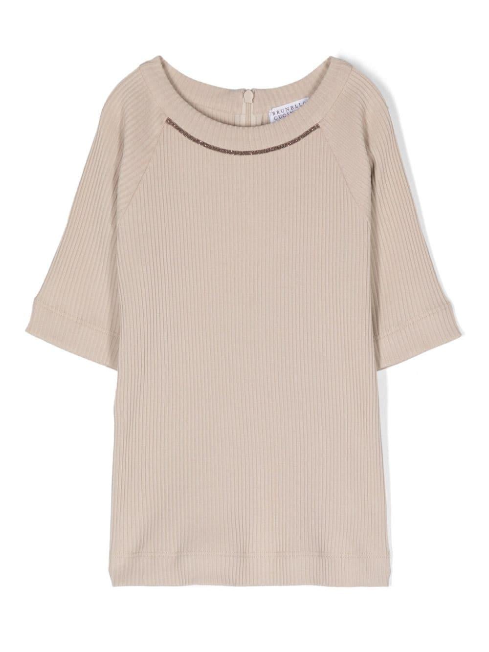 T-shirt con dettaglio Monili per bambina Brunello Cucinelli Kids beige con girocollo a costine - Rubino Kids
