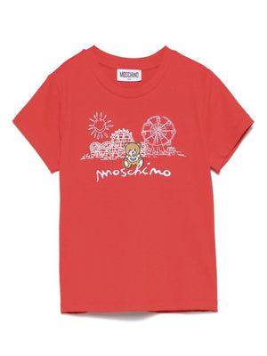 T-shirt con ricamo Teddy Bear per bambino Moschino Kids rosso con orlo dritto
