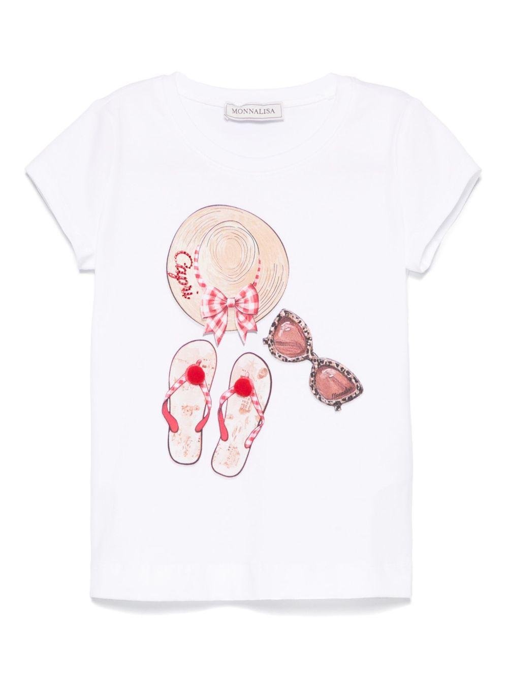 T-shirt con stampa Capri per bambina Monnalisa bianco con dettaglio pompon - Rubino Kids