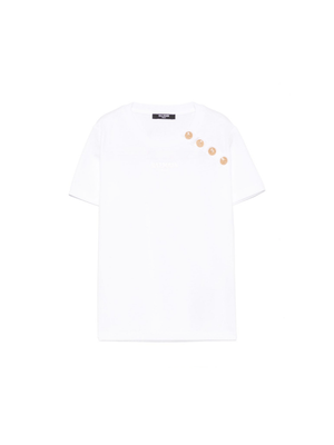 T-shirt con stampa logo per bambina Balmain Kids bianco con bottoni goffrati color oro