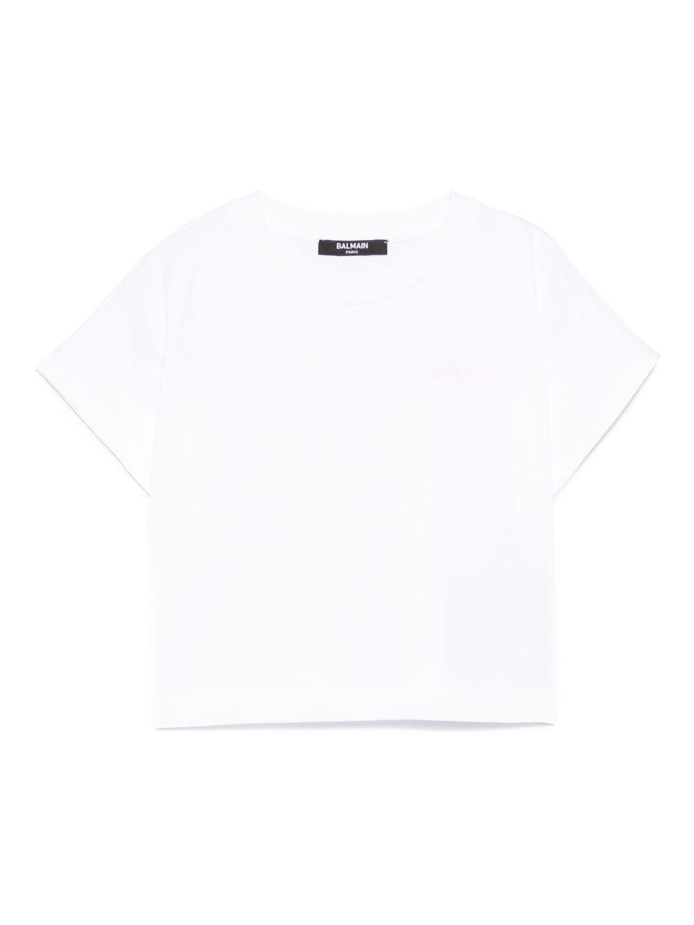 T-shirt con stampa logo per bambina Balmain Kids bianco con orlo dritto - Rubino Kids