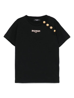 T-shirt con stampa logo per bambina Balmain Kids nero con bottoni goffrati color oro