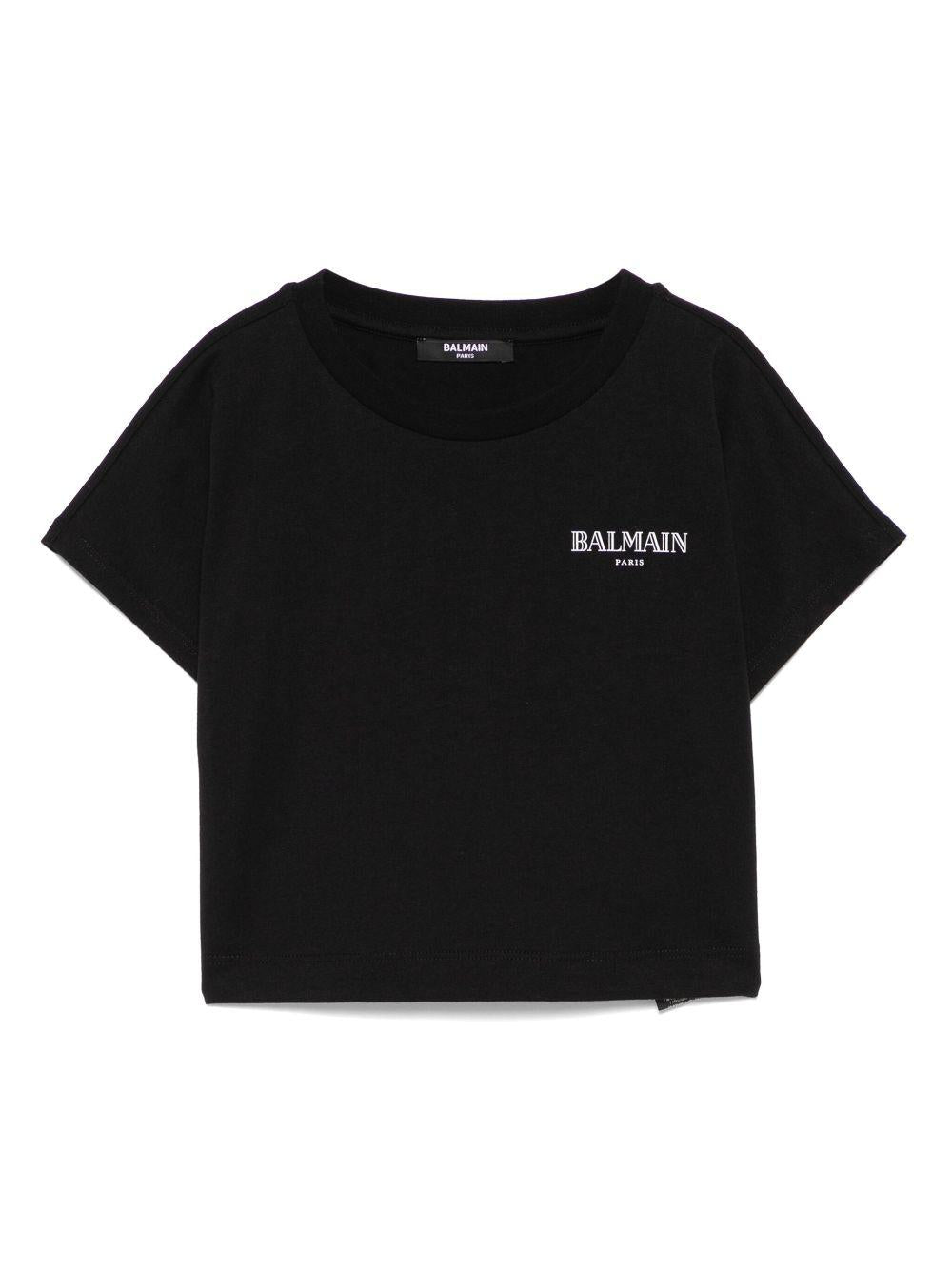 T-shirt con stampa logo per bambina Balmain Kids nero con orlo dritto - Rubino Kids