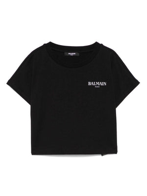 T-shirt con stampa logo per bambina Balmain Kids nero con orlo dritto