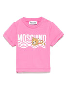 T-shirt con stampa logo per neonata Moschino Kids rosa con scollo rotondo - Rubino Kids