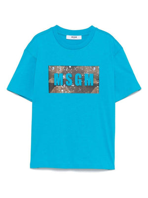 T-shirt con stampa per bambino MSGM Kids azzurro con orlo dritto