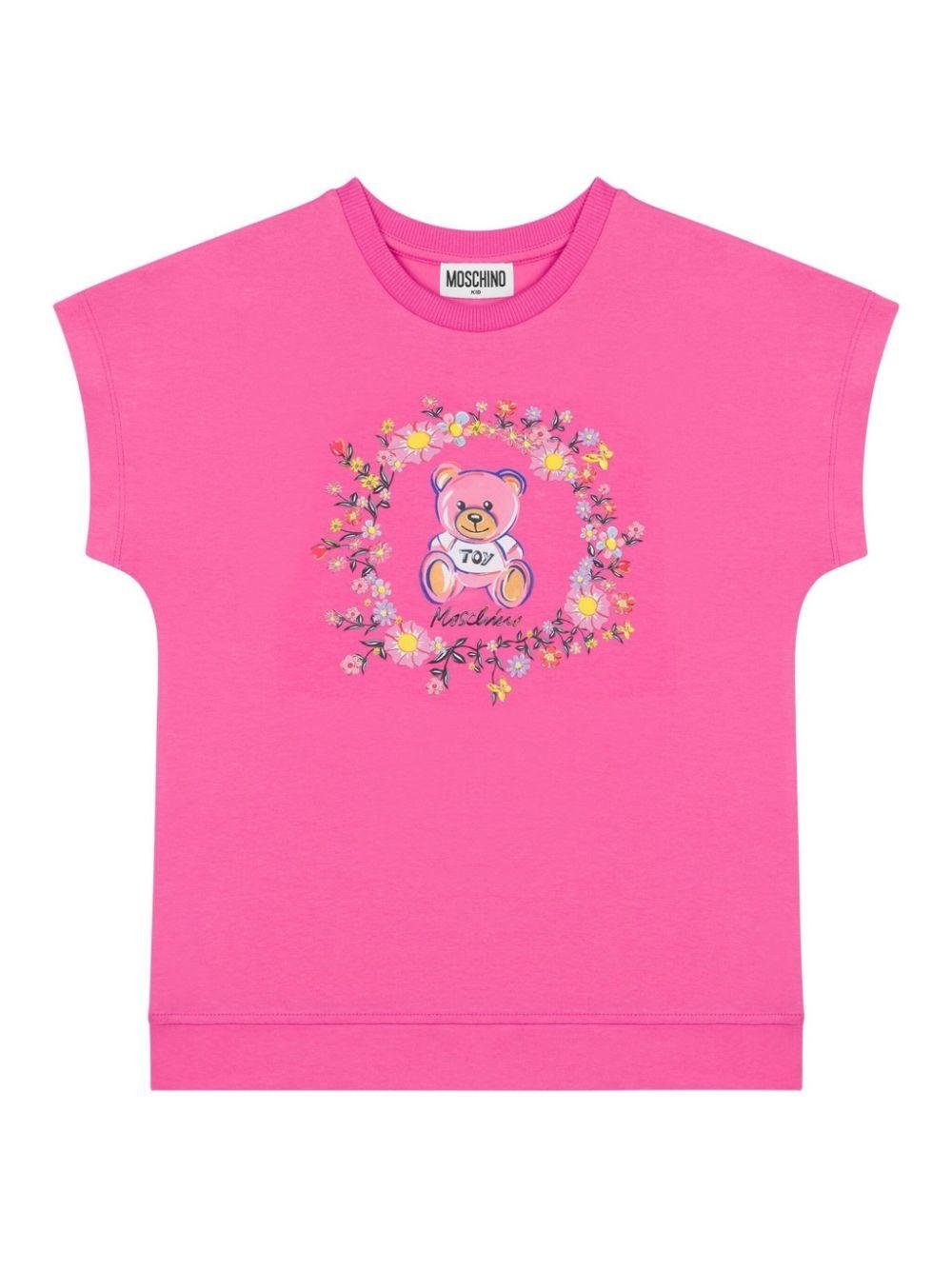 T-shirt con stampa Teddy Bear per bambina Moschino Kids rosa con orlo dritto - Rubino Kids