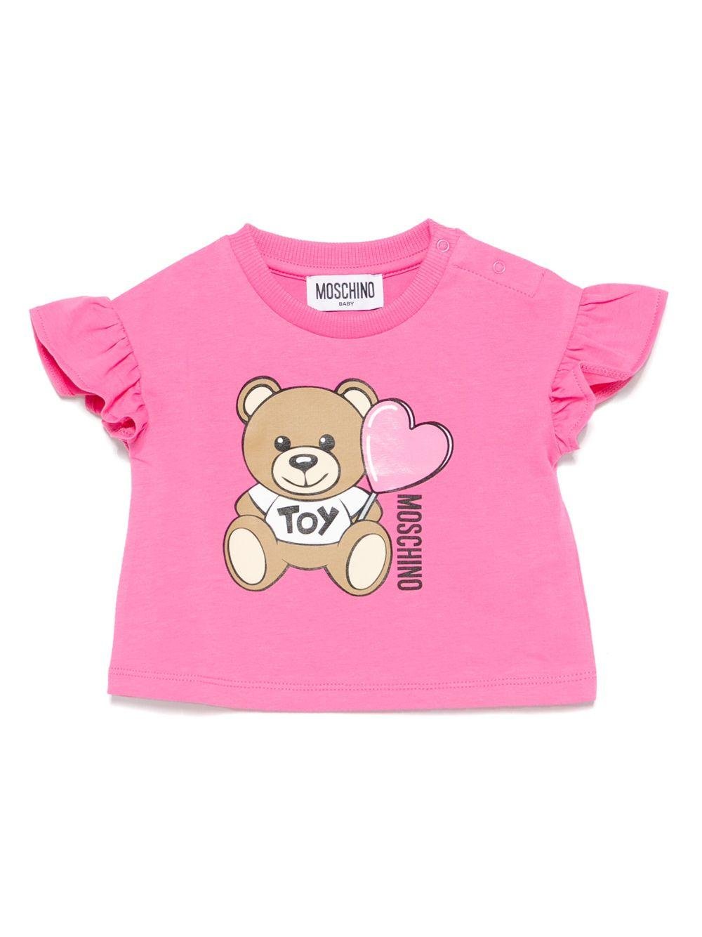 T-shirt con stampa Teddy Bear per neonata Moschino Kids rosa con orlo dritto - Rubino Kids