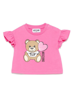 T-shirt con stampa Teddy Bear per neonata Moschino Kids rosa con orlo dritto