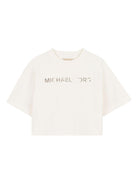 T-shirt crop per bambina Michael Kors Kids bianca con stampa logo - Rubino Kids