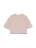 T-shirt crop per bambina MSGM Kids beige mandorla con applicazione a fiori - Rubino Kids
