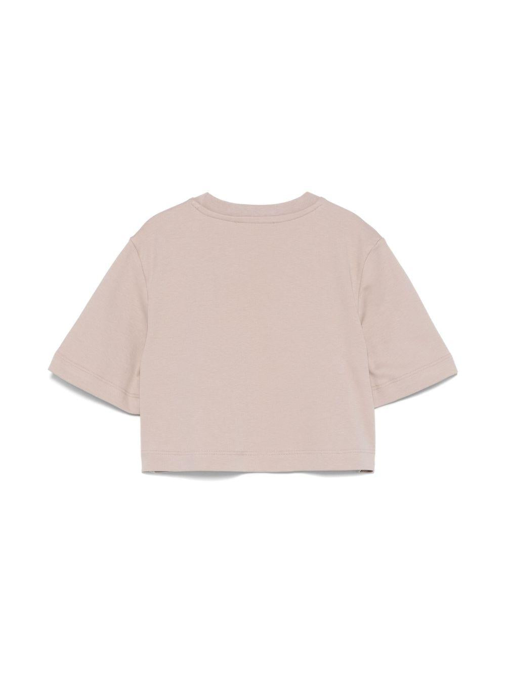 T-shirt crop per bambina MSGM Kids beige mandorla con applicazione a fiori - Rubino Kids