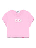 T-shirt crop per bambina MSGM Kids rosa in jersey con ricamo con logo frontale - Rubino Kids