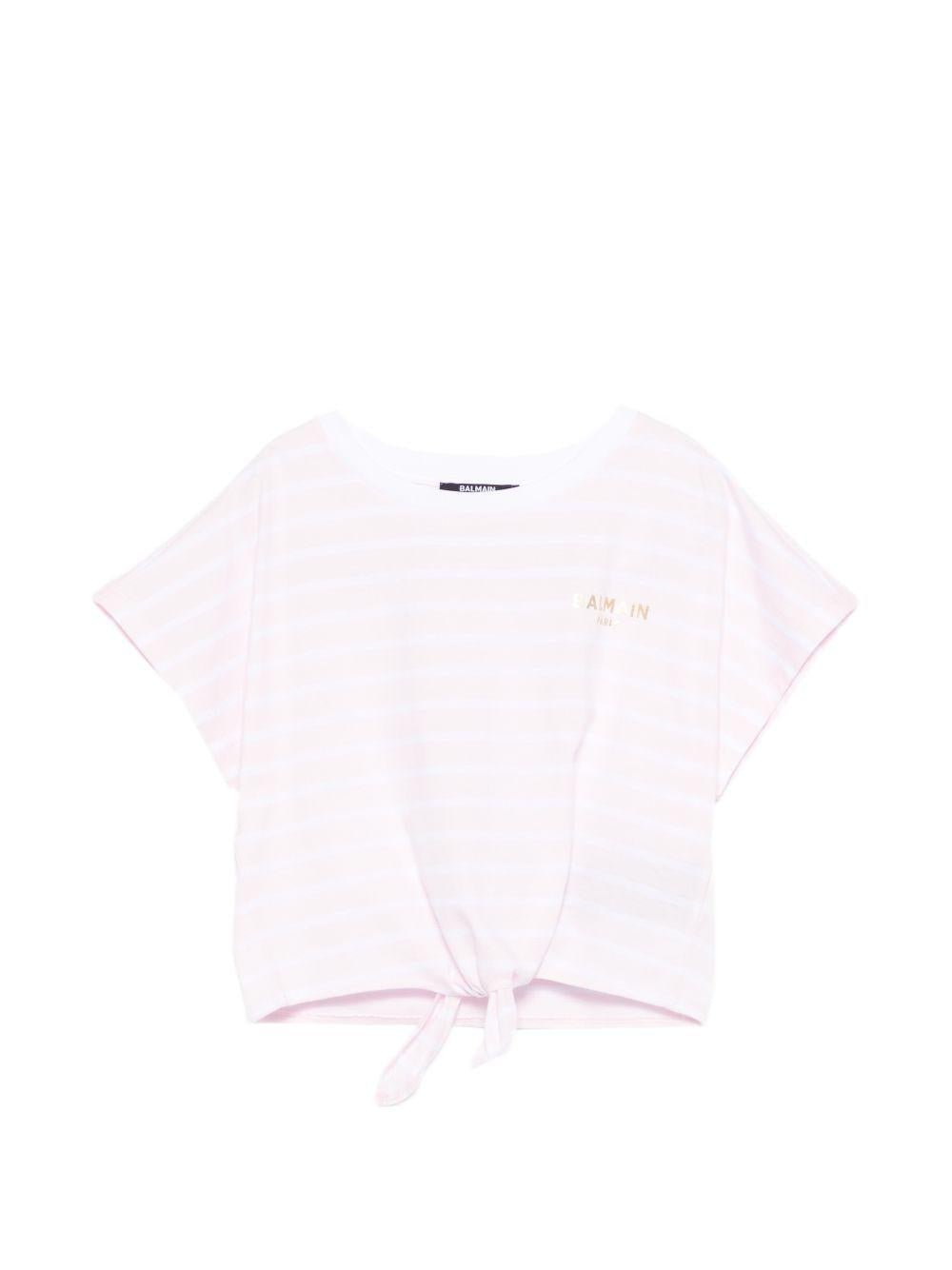 T-shirt da bambina Balmain Kids rosa con motivo a righe - Rubino Kids
