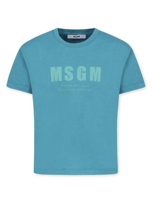 T-shirt in cotone con stampa per bambino MSGM Kids blu con orlo dritto