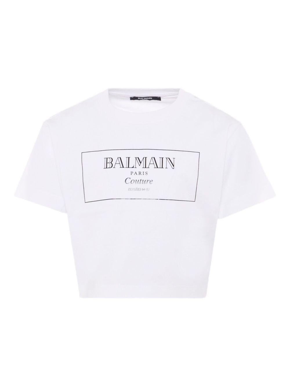 T-shirt per bambina Balmain Kids bianca con stampa con logo e scollo rotondo - Rubino Kids
