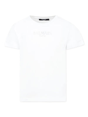 T-shirt per bambina Balmain Kids bianco con decorazione logo con strass