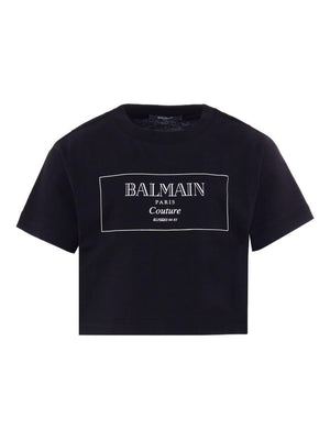 T-shirt per bambina Balmain Kids nera con stampa con logo e scollo rotondo