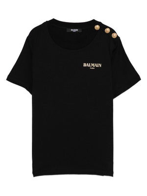 Balmain Kids black T-shirt for girls with logo embroidery and button placket
