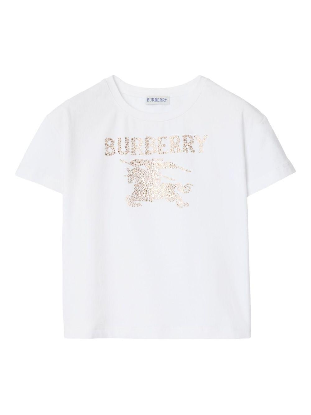 T-shirt per bambina Burberry Kids bianca con decorazione in cristalli - Rubino Kids