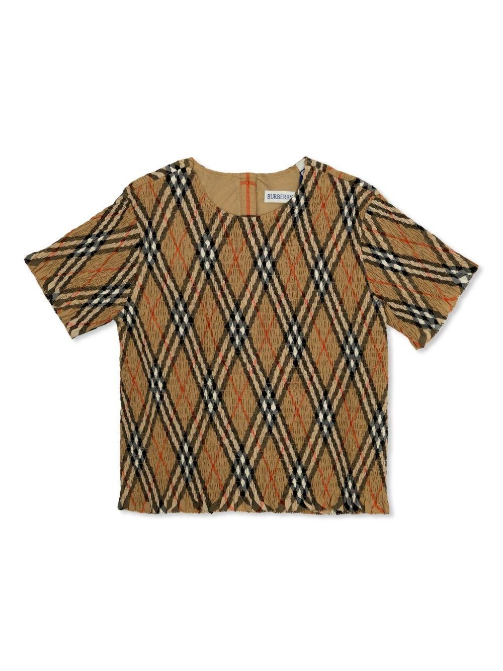 T-shirt per bambina Burberry Kids marrone a quadri con ruches - Rubino Kids