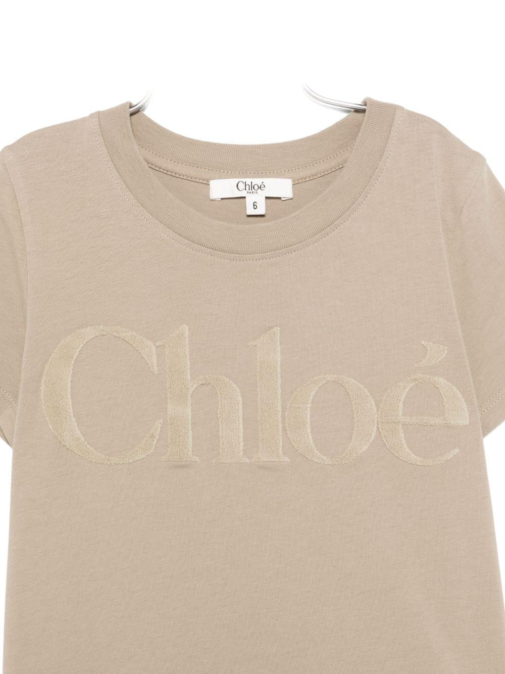 T-shirt per bambina Chloé Kids beige con logo sul davanti - Rubino Kids