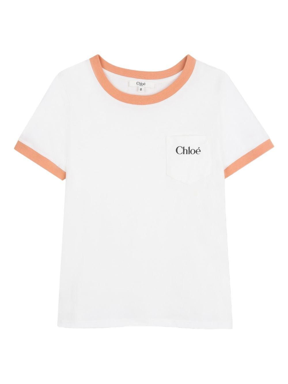 T-shirt per bambina Chloé Kids bianca con dettagli arancione - Rubino Kids