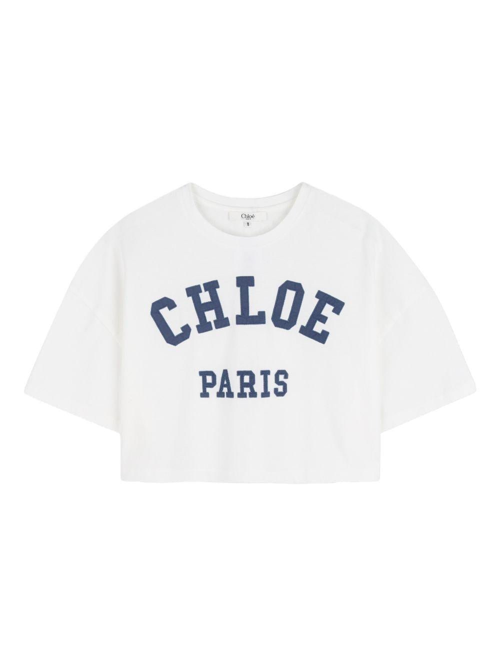 T-shirt per bambina Chloé Kids bianca con logo sul davanti - Rubino Kids