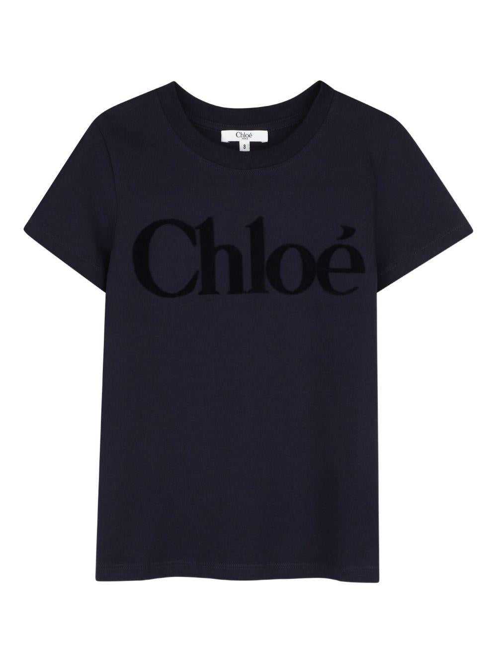 T-shirt per bambina Chloé Kids blu con logo sul davanti - Rubino Kids