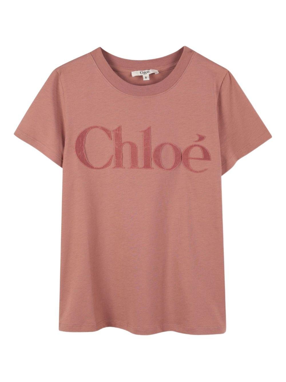 T-shirt per bambina Chloé Kids rosa con logo sul davanti - Rubino Kids