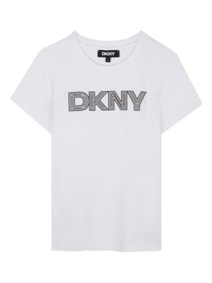 T-shirt per bambina Dkny Kids bianca con logo frontale