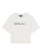 T-shirt per bambina DKNY Kids bianca con logo sul davanti - Rubino Kids