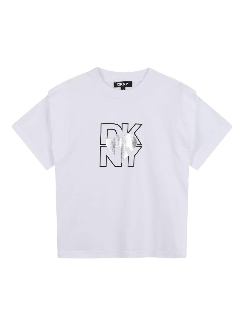 T-shirt per bambina DKNY Kids bianca con stampa con logo - Rubino Kids