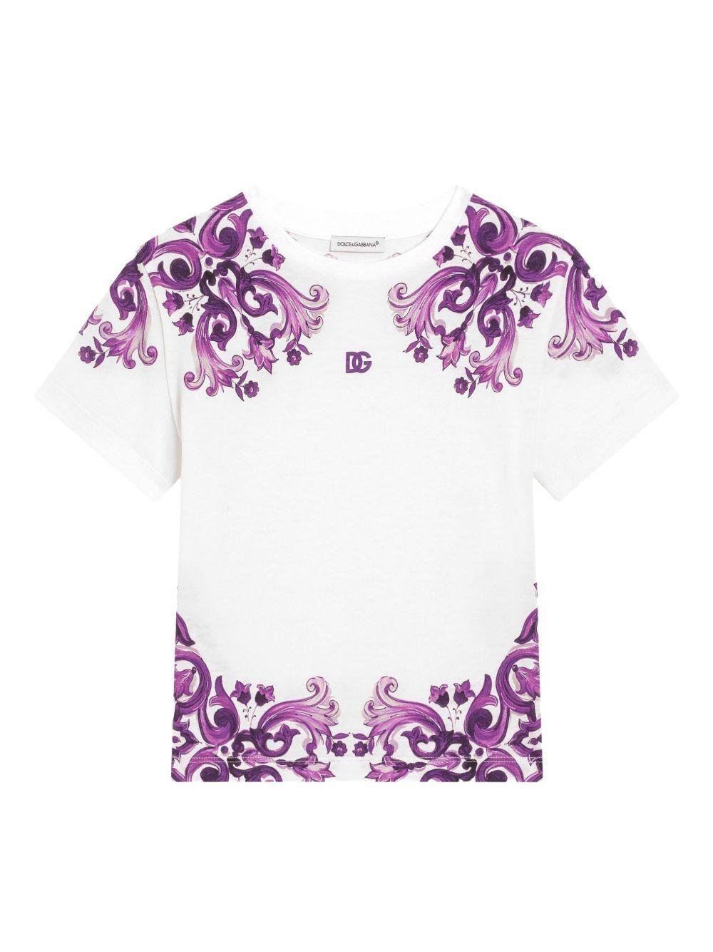 T-shirt per bambina Dolce & Gabbana Kids bianco con stampa maioliche - Rubino Kids