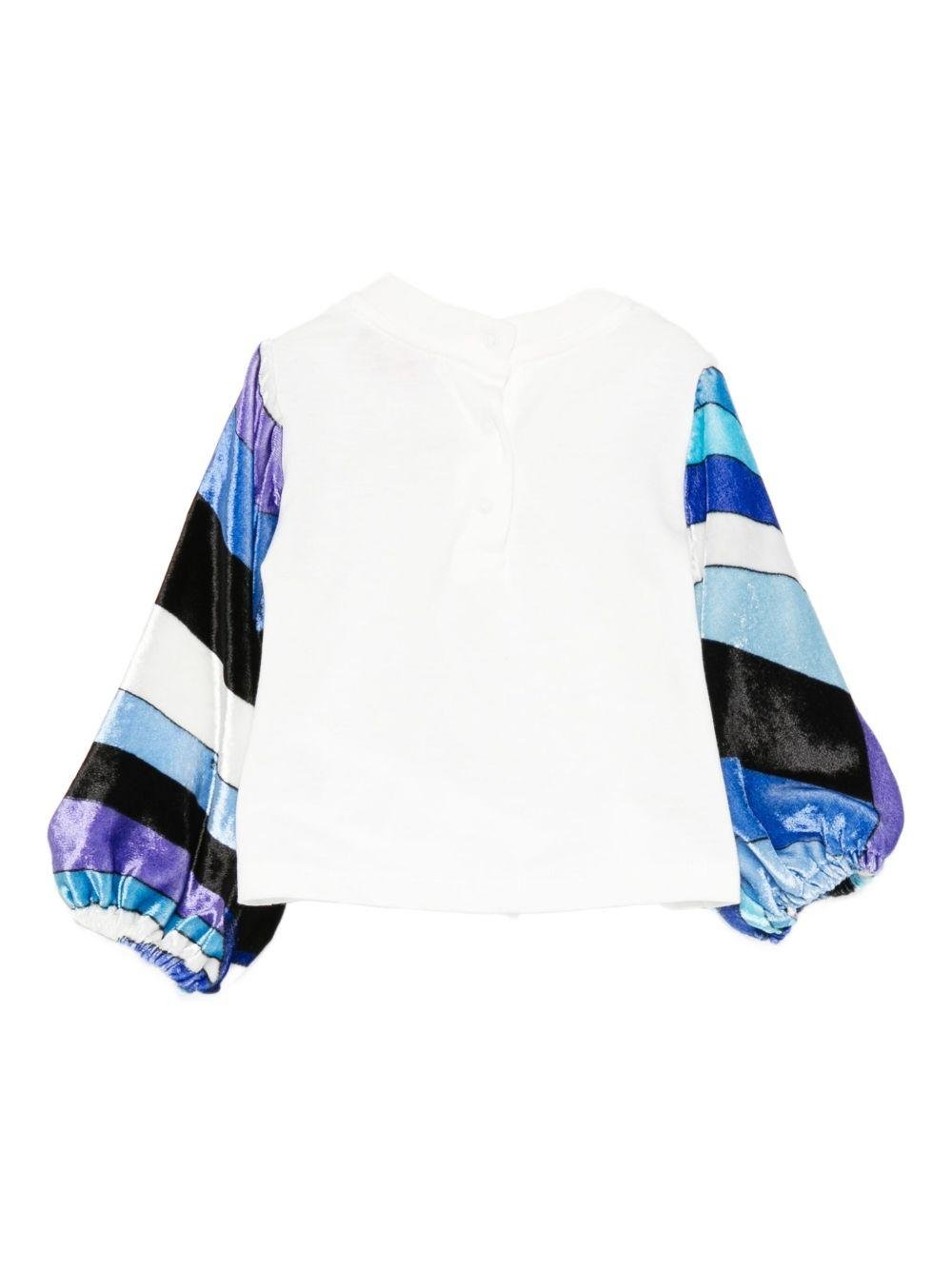 T-shirt per bambina Emilio Pucci Junior bianco con maniche a righe blu - Rubino Kids