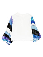 T-shirt per bambina Emilio Pucci Junior bianco con maniche a righe blu - Rubino Kids